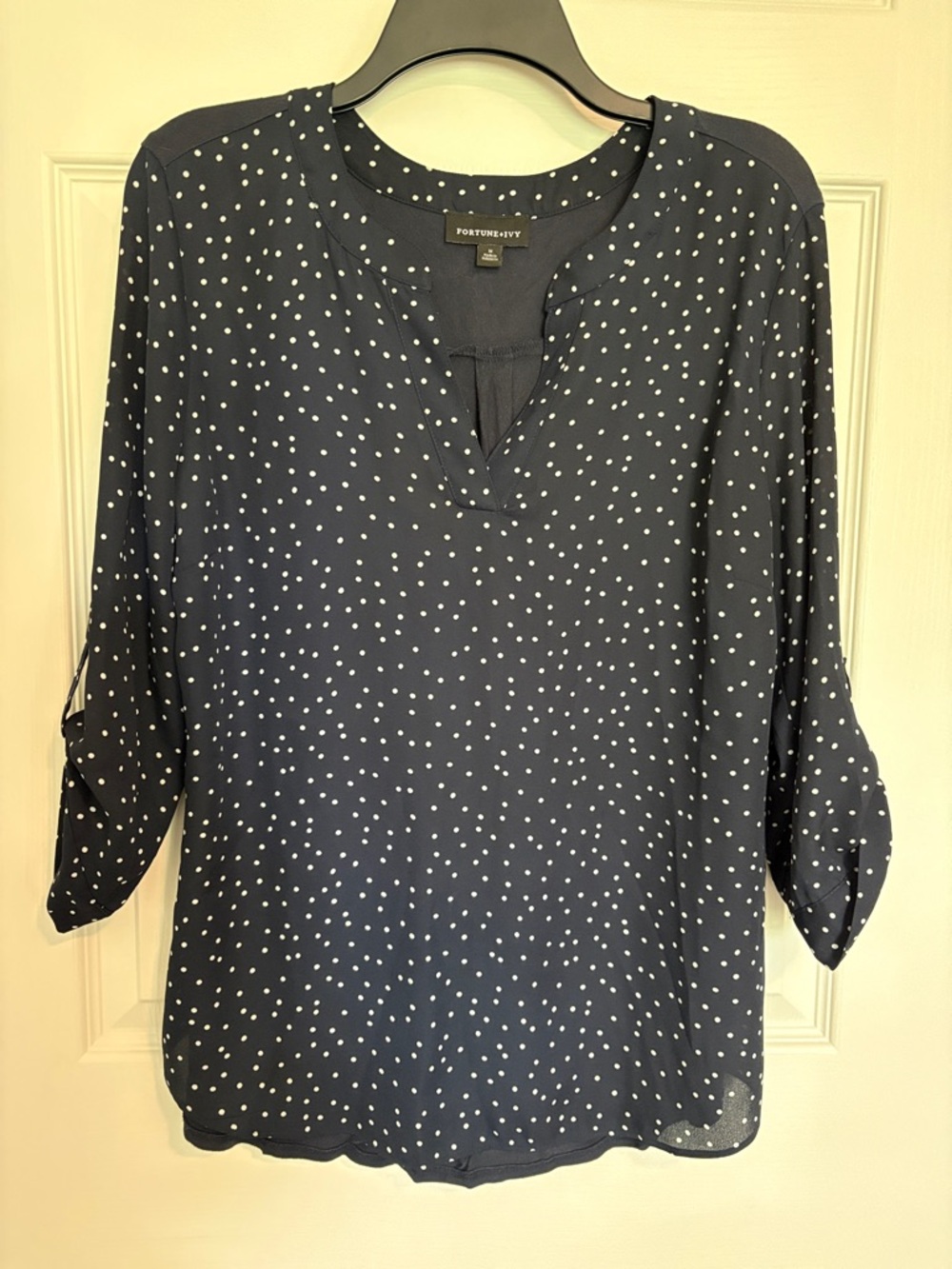 Fortune & Ivy - Navy Polka Dot V-Neck Blouse